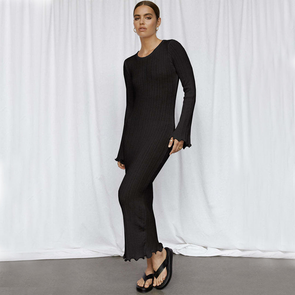 Vestido maxi de punto ajustado de moda con volantes y manga larga, con espalda descubierta y sexy estilo de envoltura de cadera para fiesta, playa, ropa de mujer