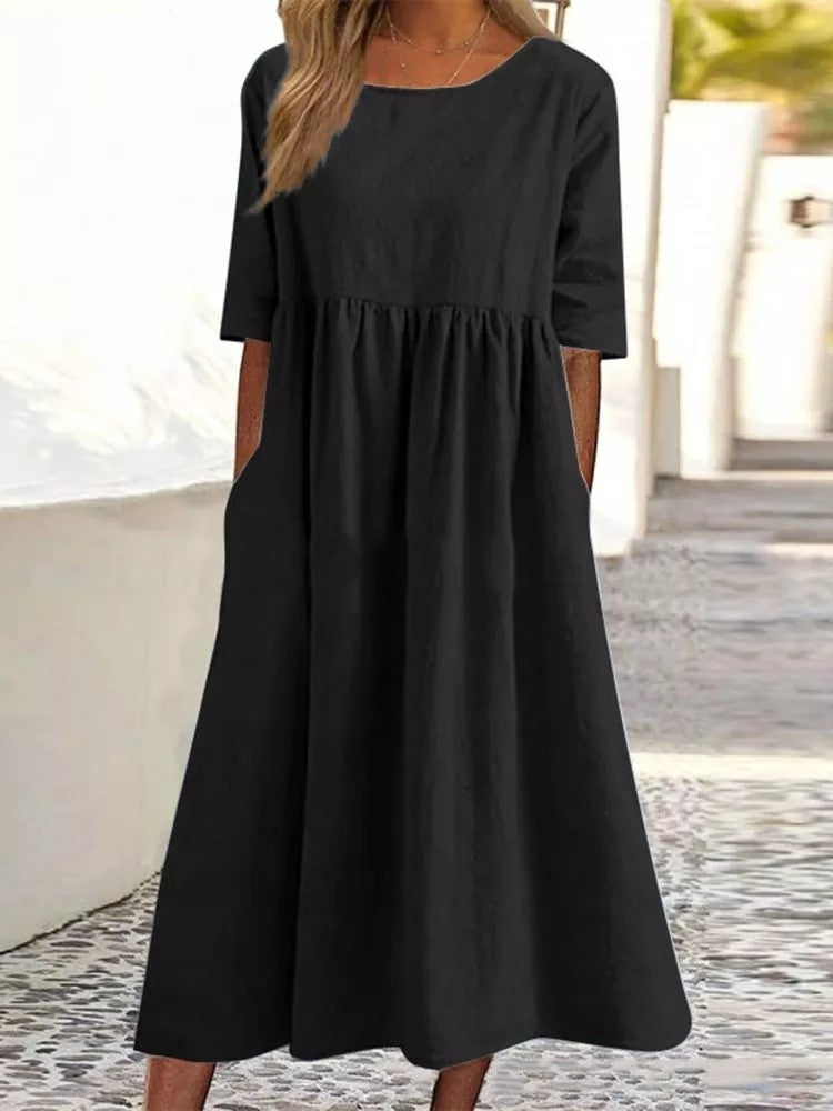 Robe décontractée en coton et lin à manches courtes et poches pour femmes