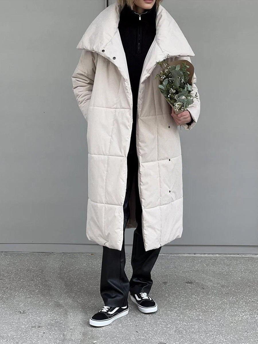 Abrigo largo de moda con solapa grande, chaqueta de algodón cálida de invierno con bolsillos y diseño de cordones, abrigo grueso informal de color liso para ropa de abrigo de mujer