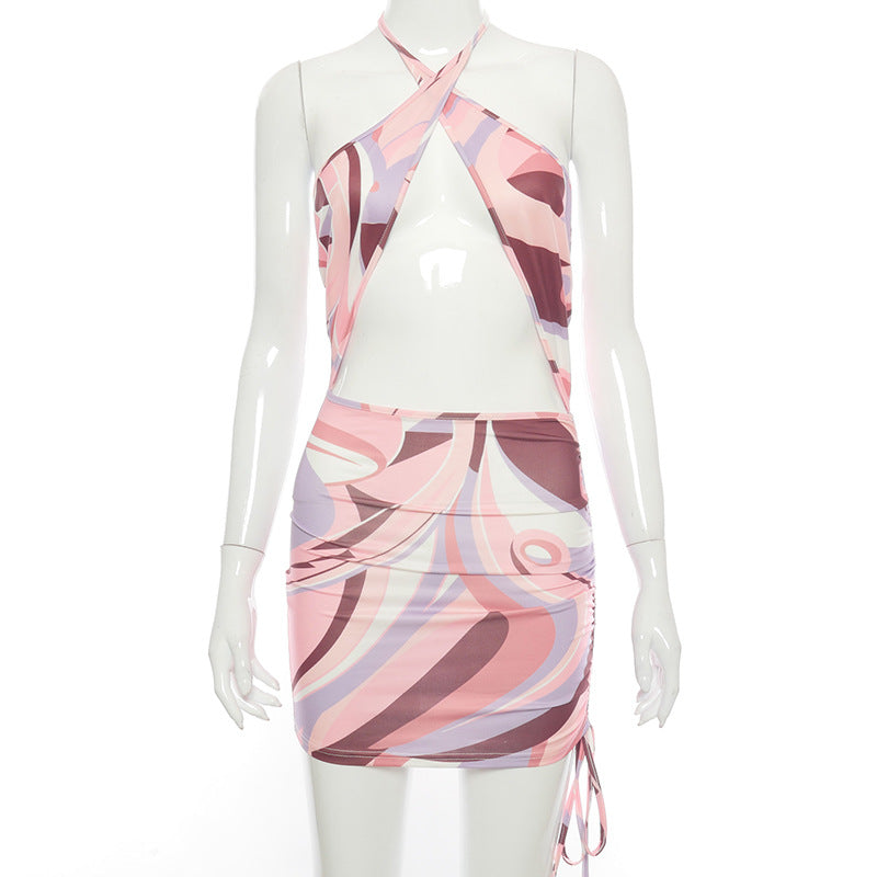 Akatonbo European And American Summer Printed Halterneck Cross Halterneck Dress Women