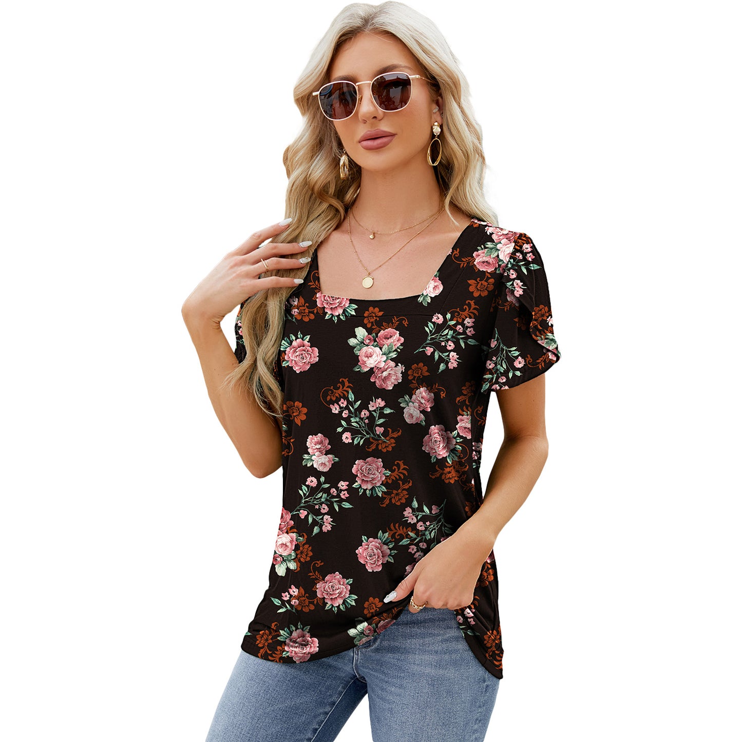Camiseta de manga corta con cuello cuadrado y estampado de moda de verano con diseño de manga pétalo, camiseta suelta bohemia de playa para ropa de mujer