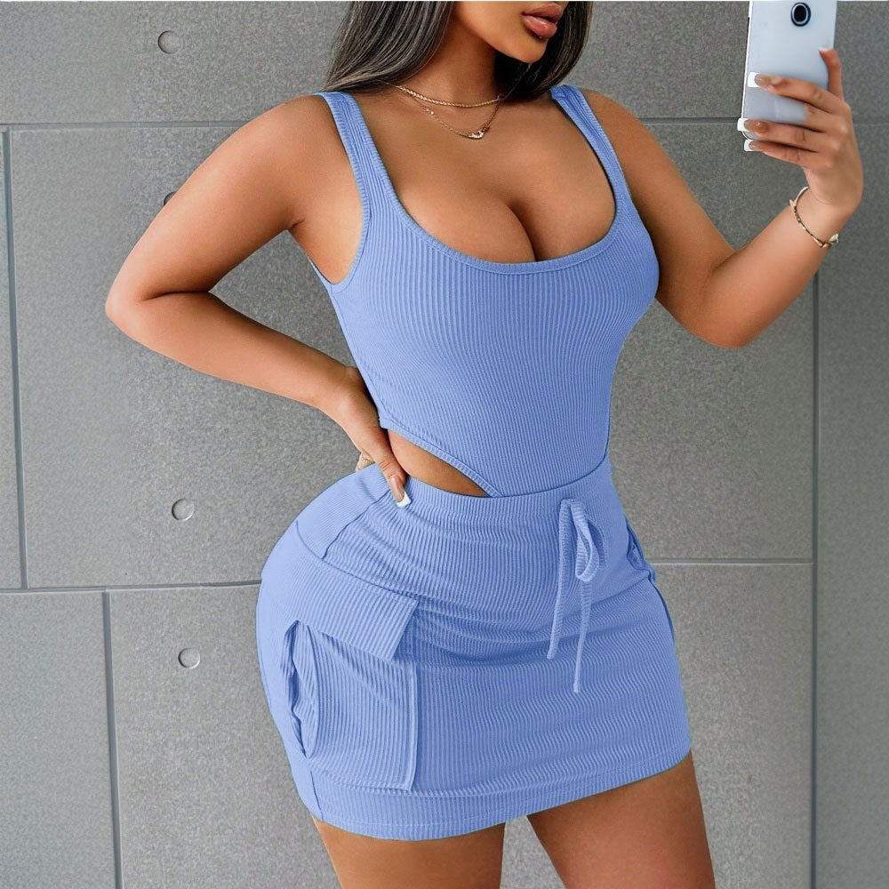 Combinaison à bretelles à col carré et jupe crayon pour femme, ensemble d'été