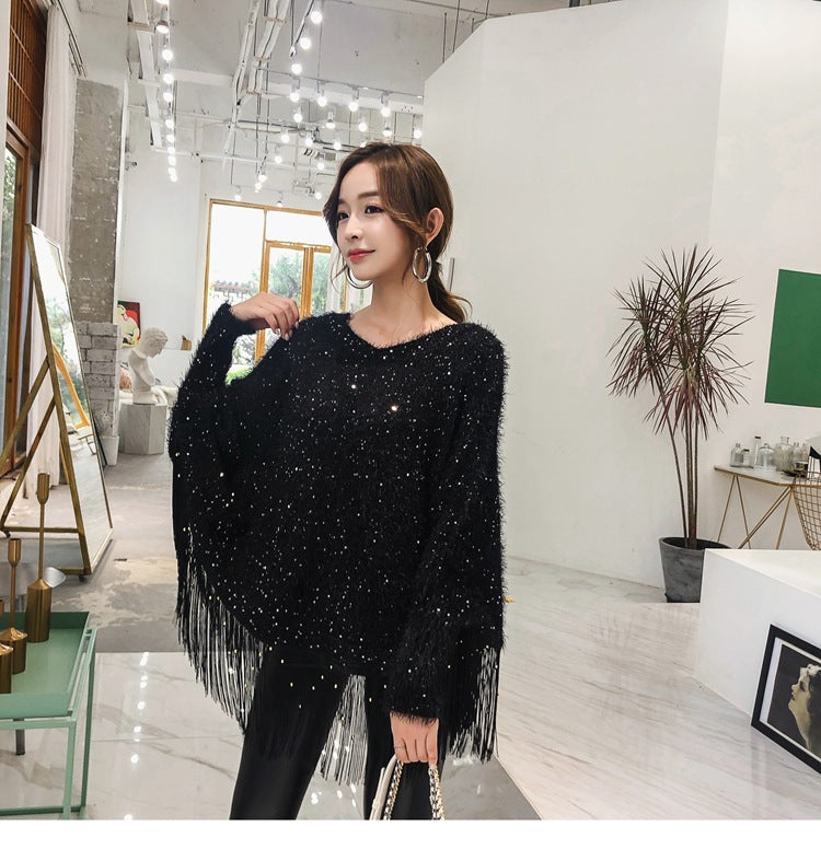 Pull Cape et Châle Ample à Paillettes et Glands Automne-Hiver