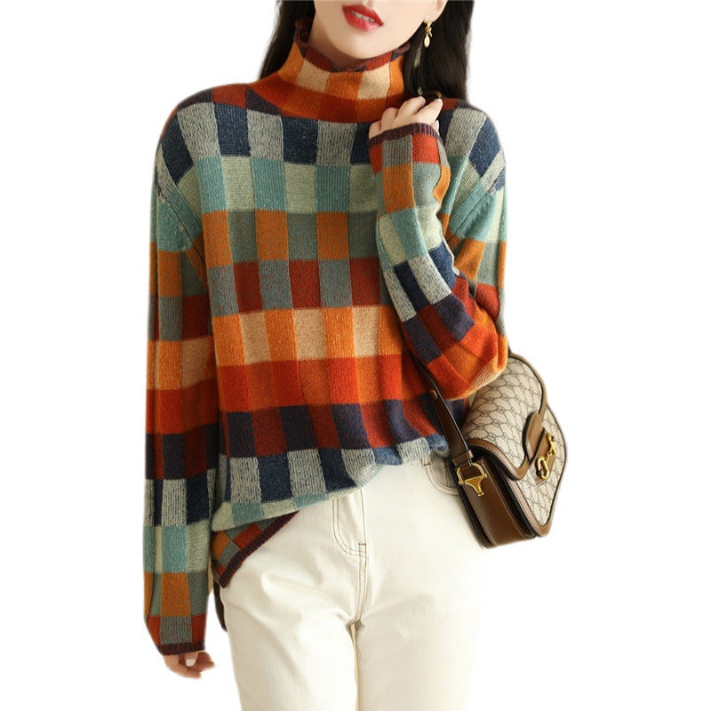 Akatonbo Women'S Fashionable Personality Colorful Checkerboard Sweater