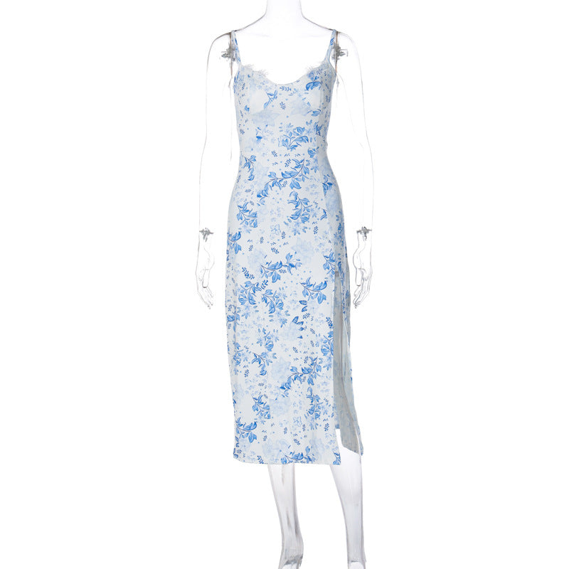 Akatonbo Lace Flowers Print Long Dress Sexy Fashion Slit Suspender Dress Summer Womens Clothing