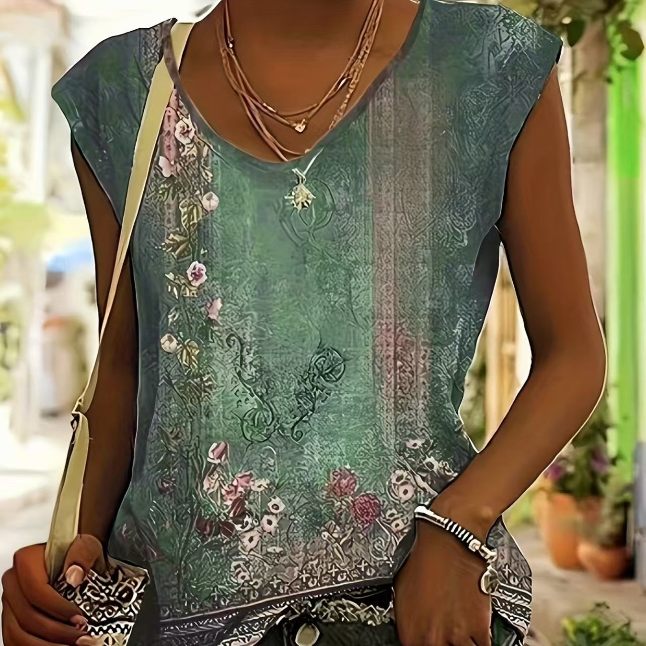 Top Casual Sin Mangas con Estampado Floral y Cuello en V para Mujer con Botones