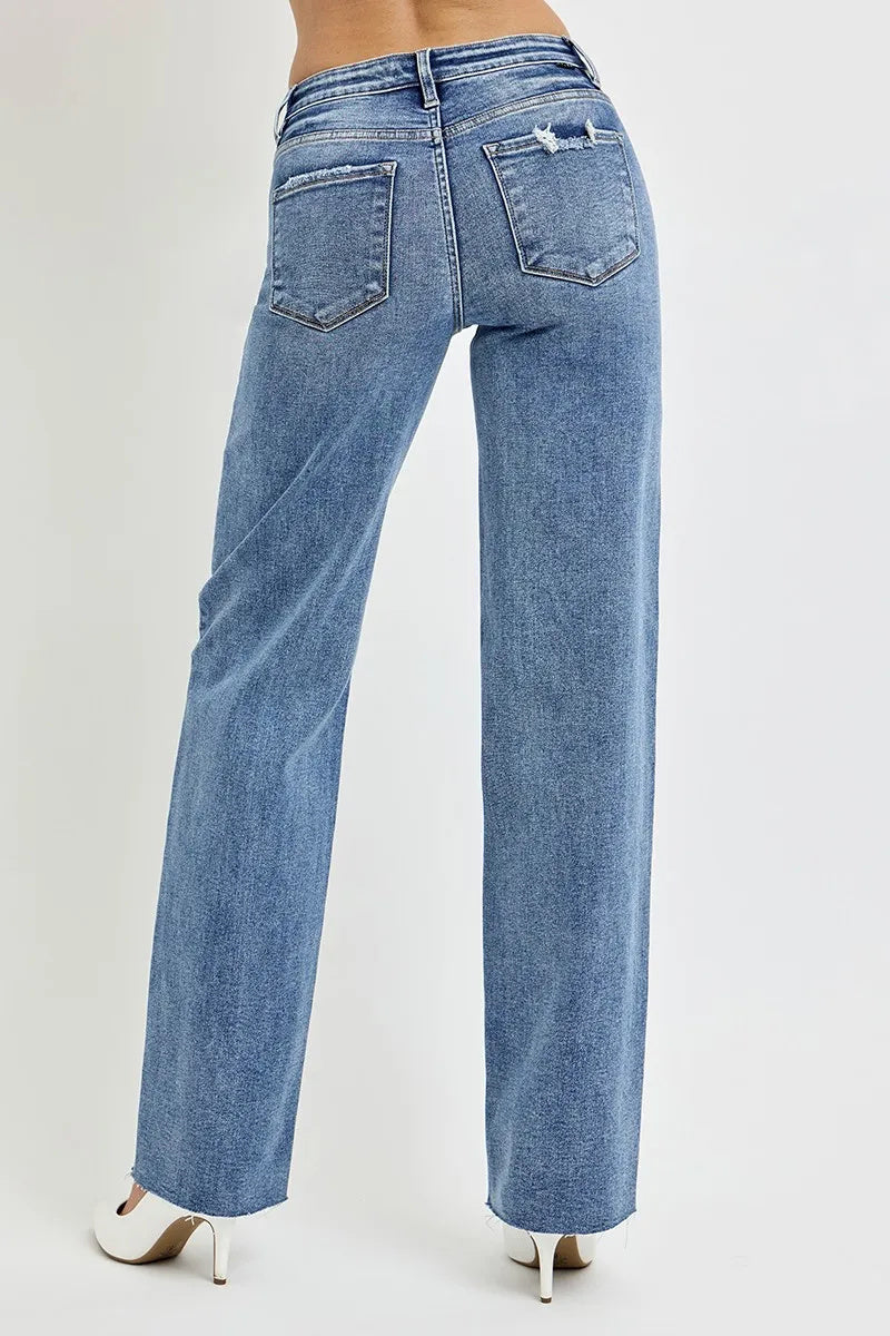 Risen Jeans Rectos de Tiro Alto de Talla Completa con Bolsillos