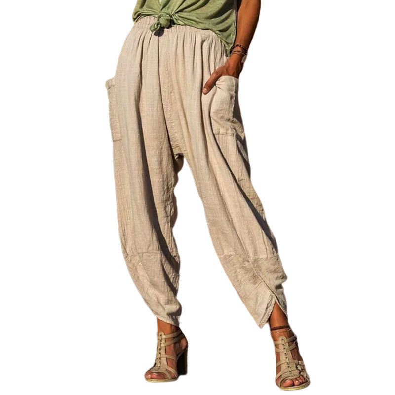 Pantalones bombachos informales sueltos de algodón y lino para mujer
