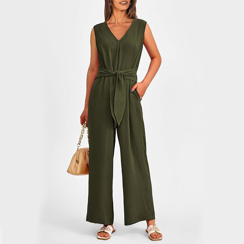 Nouvelle Combinaison Longue sans Manches à Col en V avec Poches et Laçage, Pantalon Large Droit, Vêtement d'Été pour Femmes