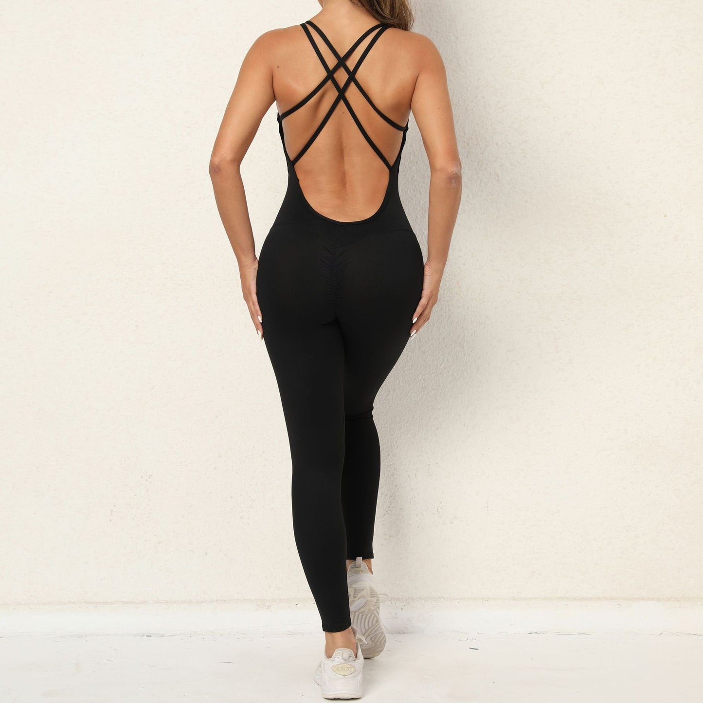 Mono de yoga con diseño de espalda de tiras cruzadas, secado rápido, ceñido, para correr, deportes, pantalones de fitness, mallas sin costuras de moda para ropa de mujer