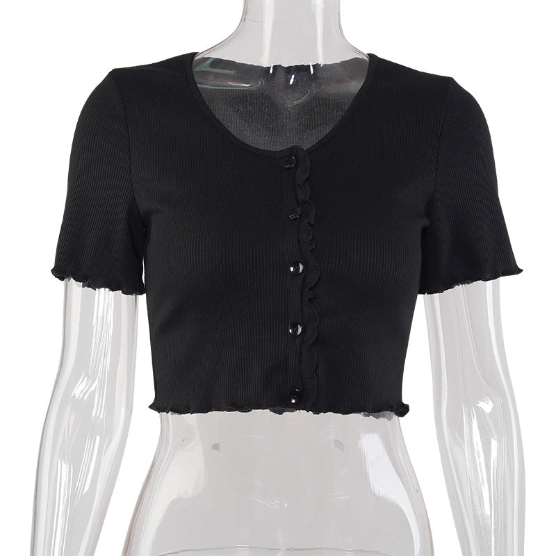 Camiseta de mujer con cuello en V, volantes, manga corta, top corto informal con botones, camiseta básica azul