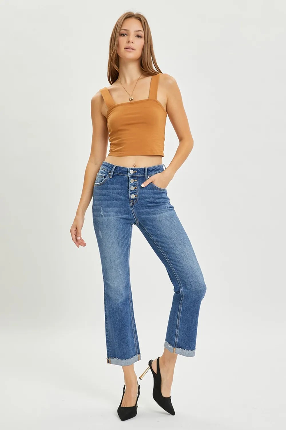Shop RISEN Full Size Button Fly Cropped Bootcut Jeans - Women's Fashion | Akatonbo