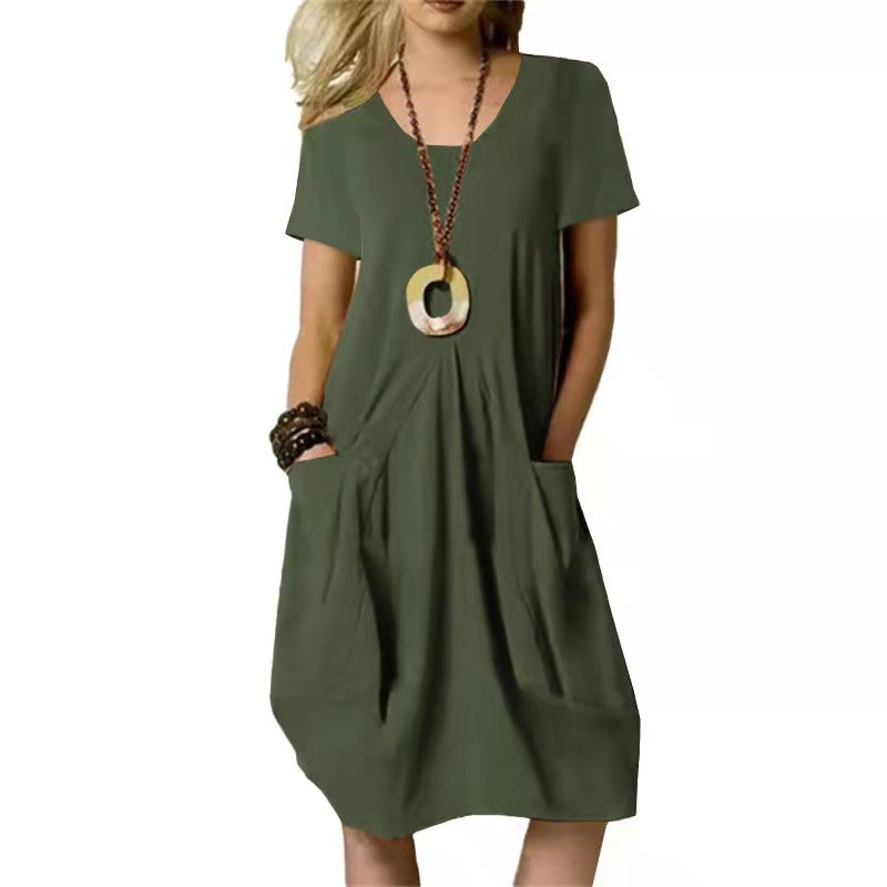 Akatonbo Women'S Dress With Pockets Cotton Linen Solid Color Loose Round Neck Short Sleeve Dress Summer