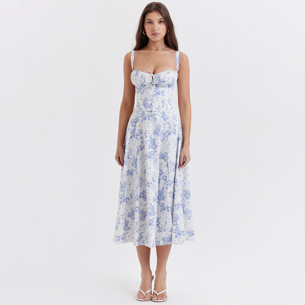 Robe longue ajustée, dos nu et à nouer, idéale pour les vacances en bord de mer