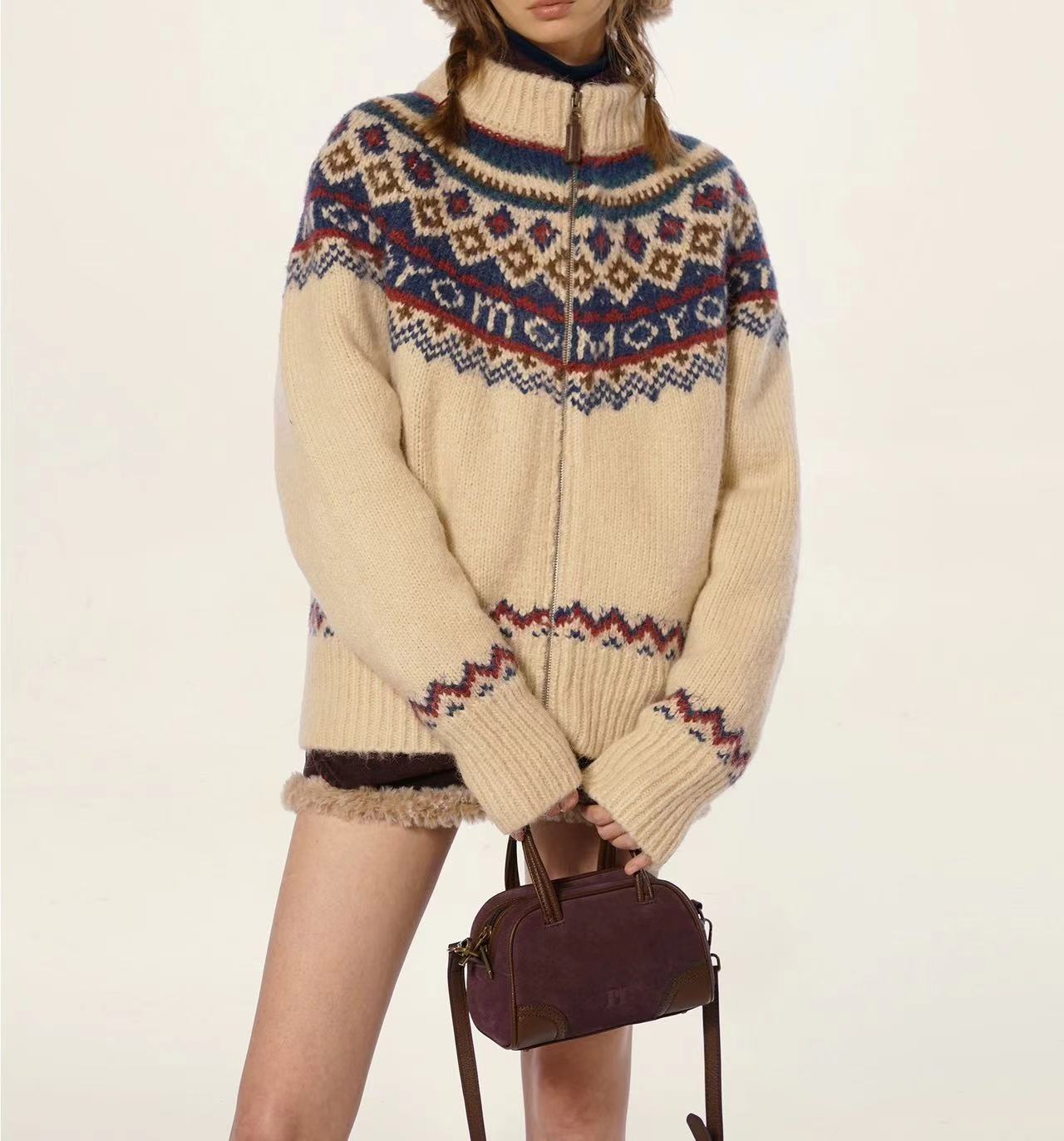 Suéter vintage para mujer, otoño, engrosado, cuello alto, cárdigan de punto, abrigo universitario