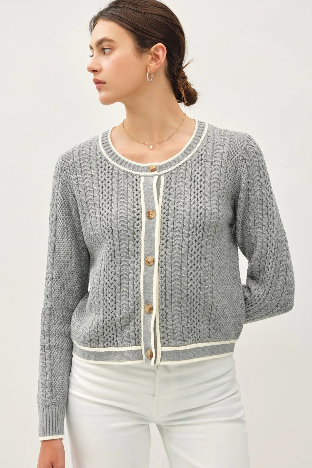 Gilet à manches longues en tricot torsadé avec bord contrastant Be Cool