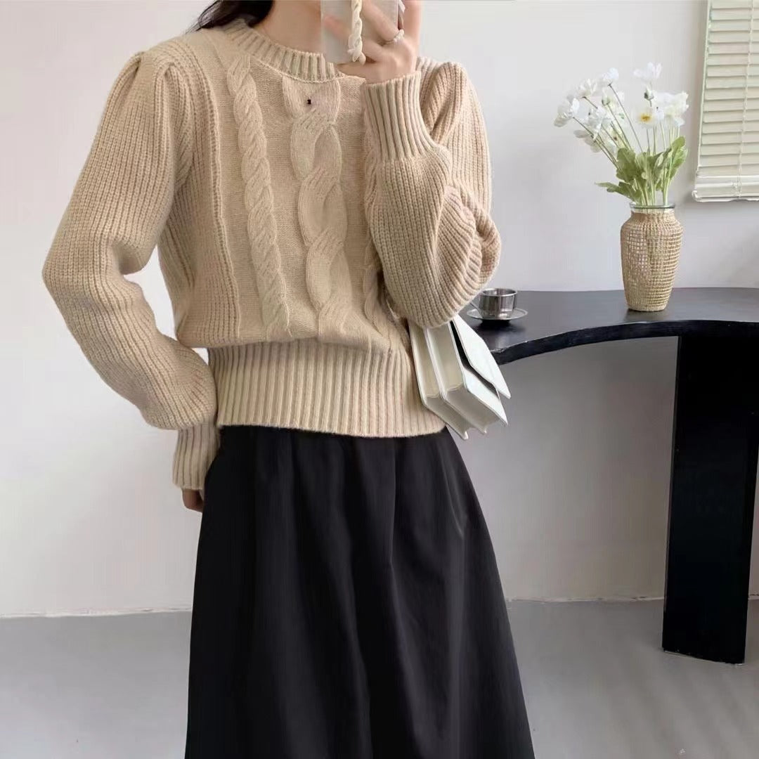 Akatonbo European And American Solid Color Knitwear Autumn Winter Japanese New Round Neck Pullover Lantern Sleeve Cable-Knit Sweater