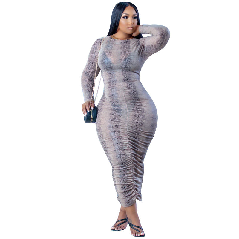 Akatonbo New Skinny Women'S Long Sleeve Pleated High Stretch Print Dress