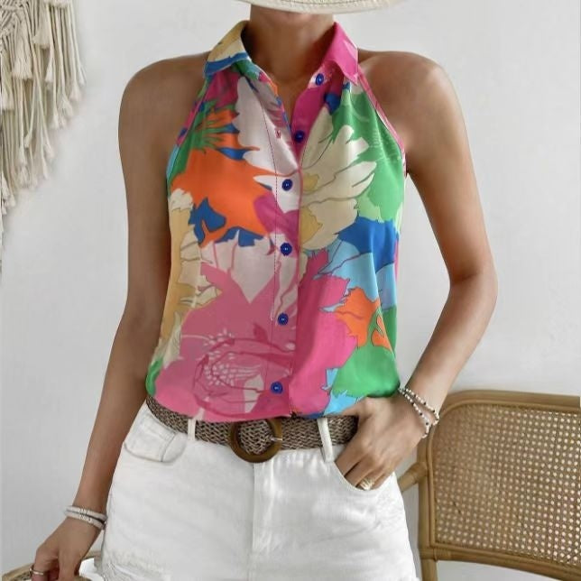 Chemisier en mousseline fluide sans manches à imprimé floral coloré, style vacances pour femme