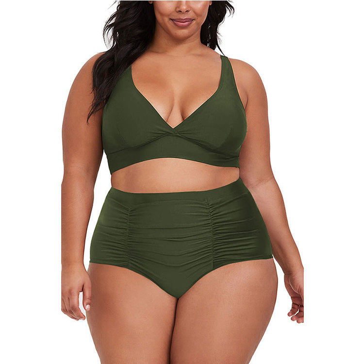 Traje de baño de dos piezas plisado de cintura alta con cuello en V de talla grande