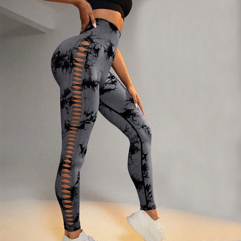 Pantalones de yoga huecos estampados Tie Dye de cintura alta, levantamiento de glúteos, sin costuras, para deportes, gimnasio, fitness, mallas ajustadas para mujer