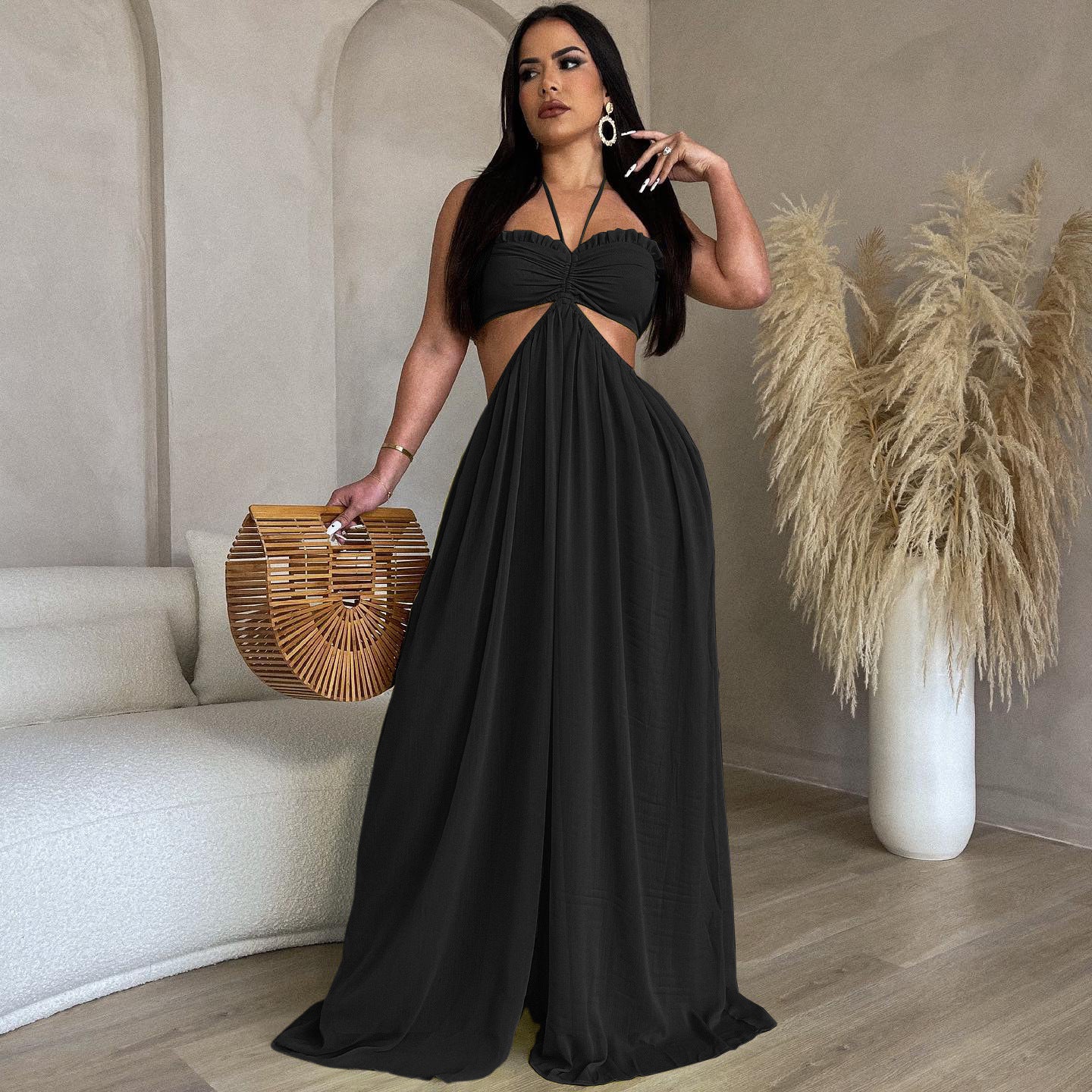 Akatonbo Chiffon Chest-Wrapped Bare Back Wide-Leg Jumpsuit European And American