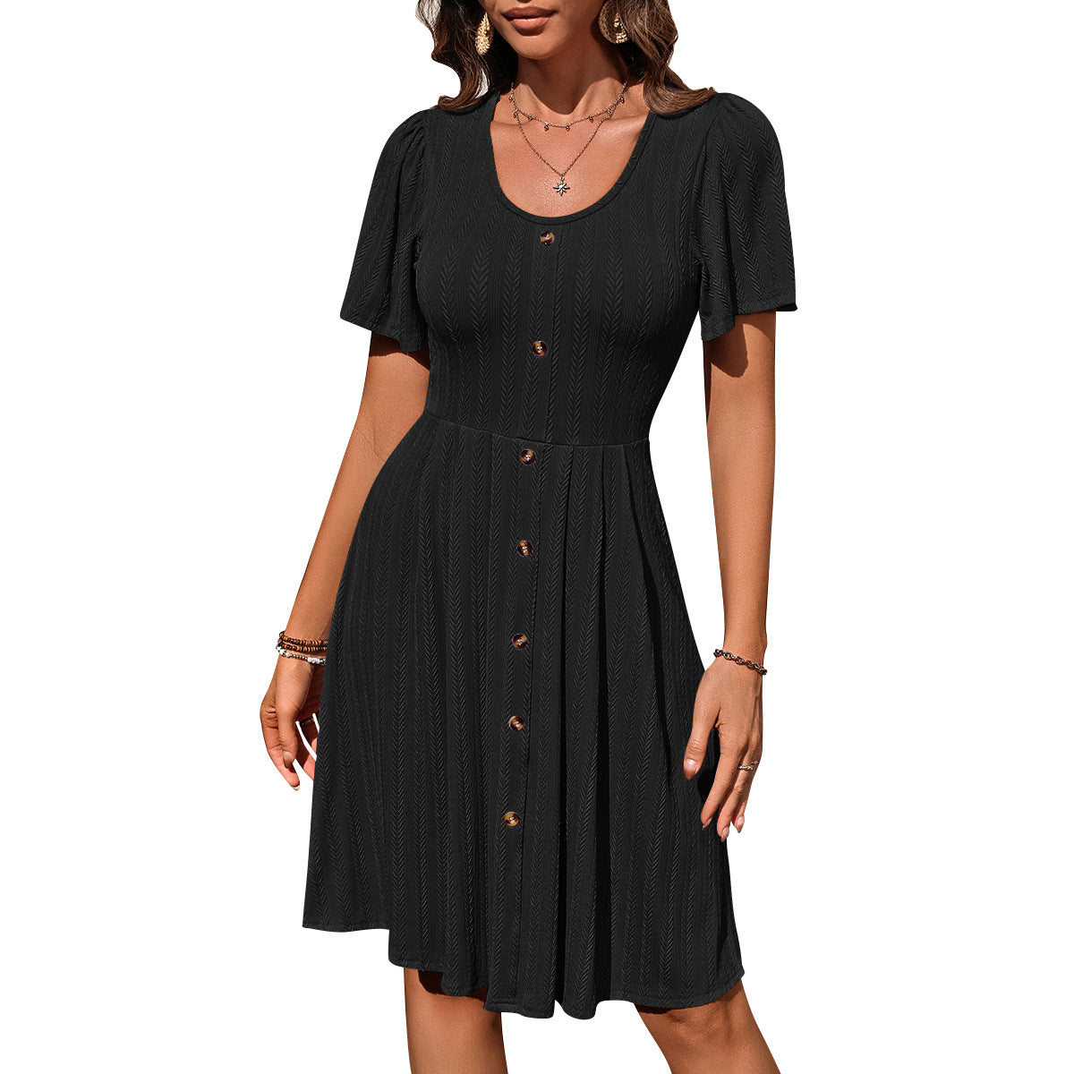 Vestido de verano con cuello en U y manga corta, diseño de botones, moda casual, color liso, vestido de vacaciones para ropa de mujer