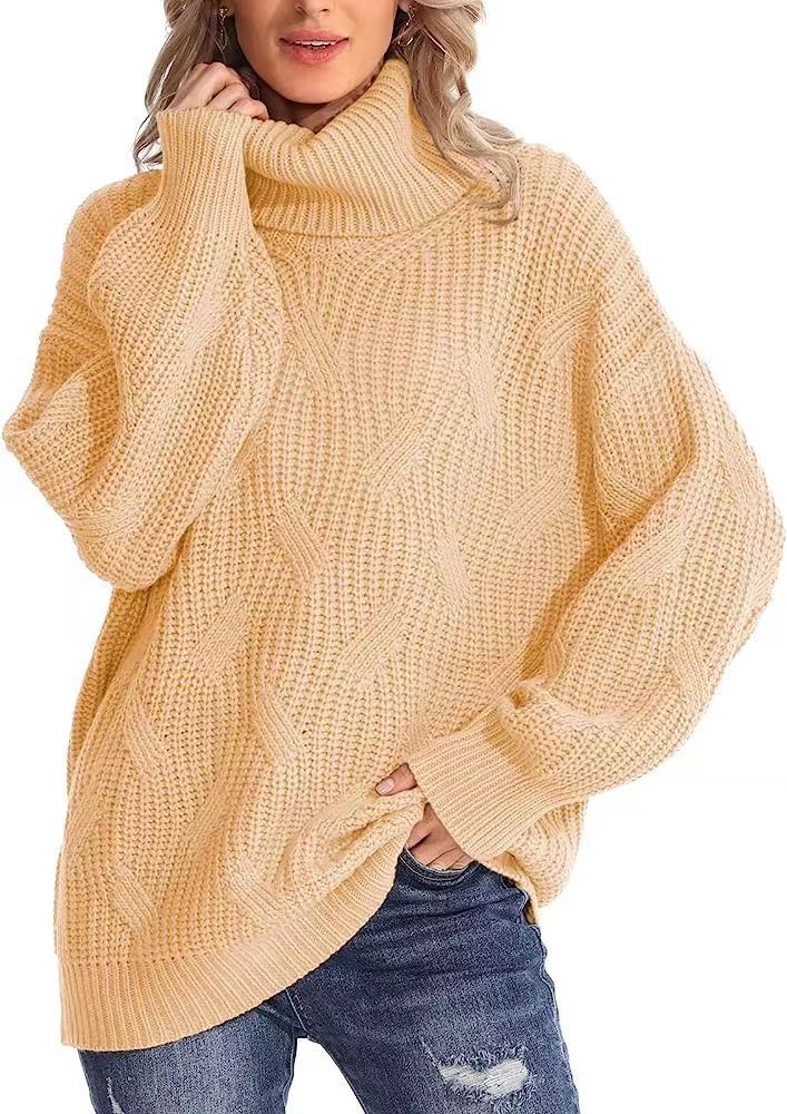Pull Femme Ample Col Haut Torsadé en Tricot Manches Longues