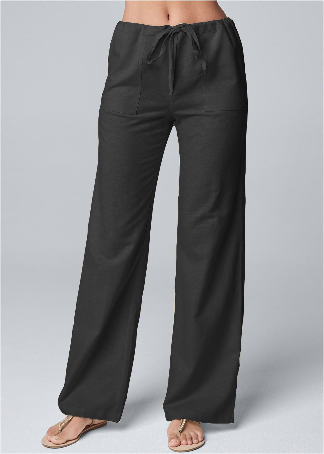 Pantalones Anchos de Algodón y Lino para Mujer, de Color Liso y con Cordones