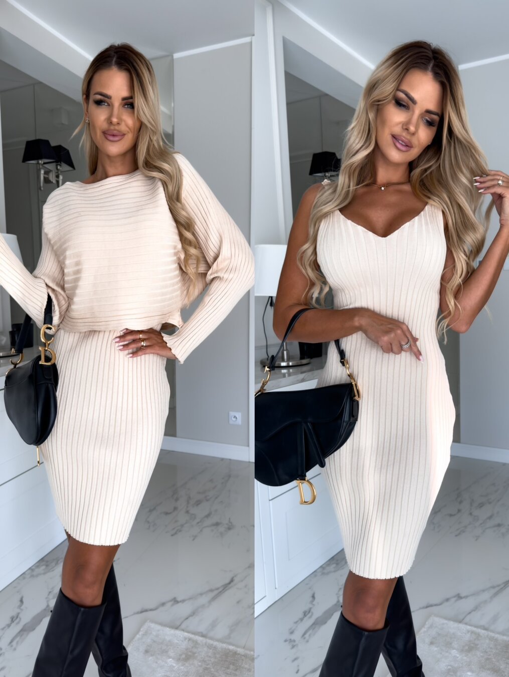 Traje de 2 piezas para mujer, top de manga larga con raya sólida y ajustado