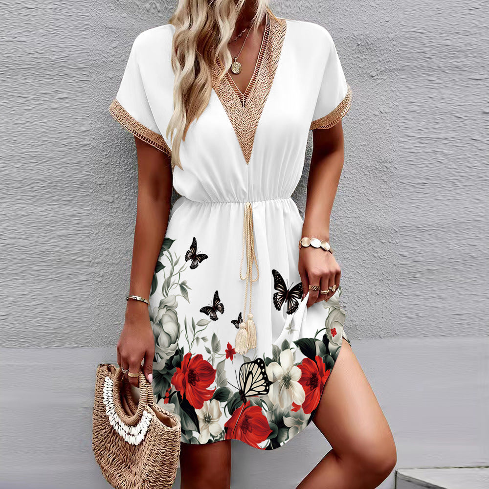 Akatonbo Printed Short Sleeve Lace V-Neck Tight Waist Dress