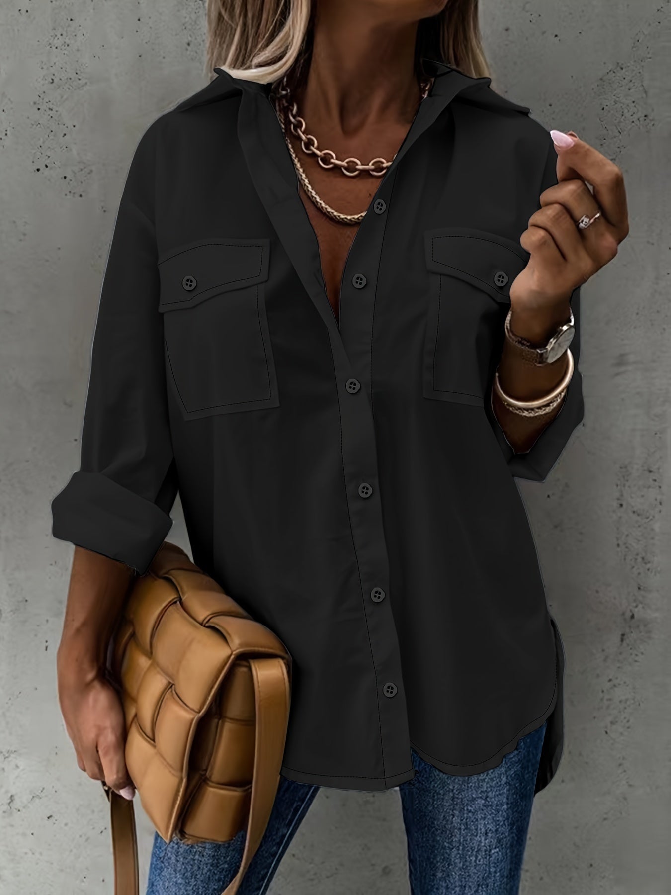Camisa Sencilla de Manga Larga con Bolsillo, Casual
