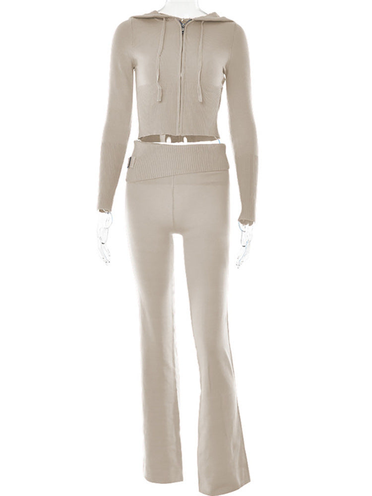 Akatonbo Hoodie Suit Women Leisure Sexy Zip Long Sleeve Sweater And High Waist Long Pants Set