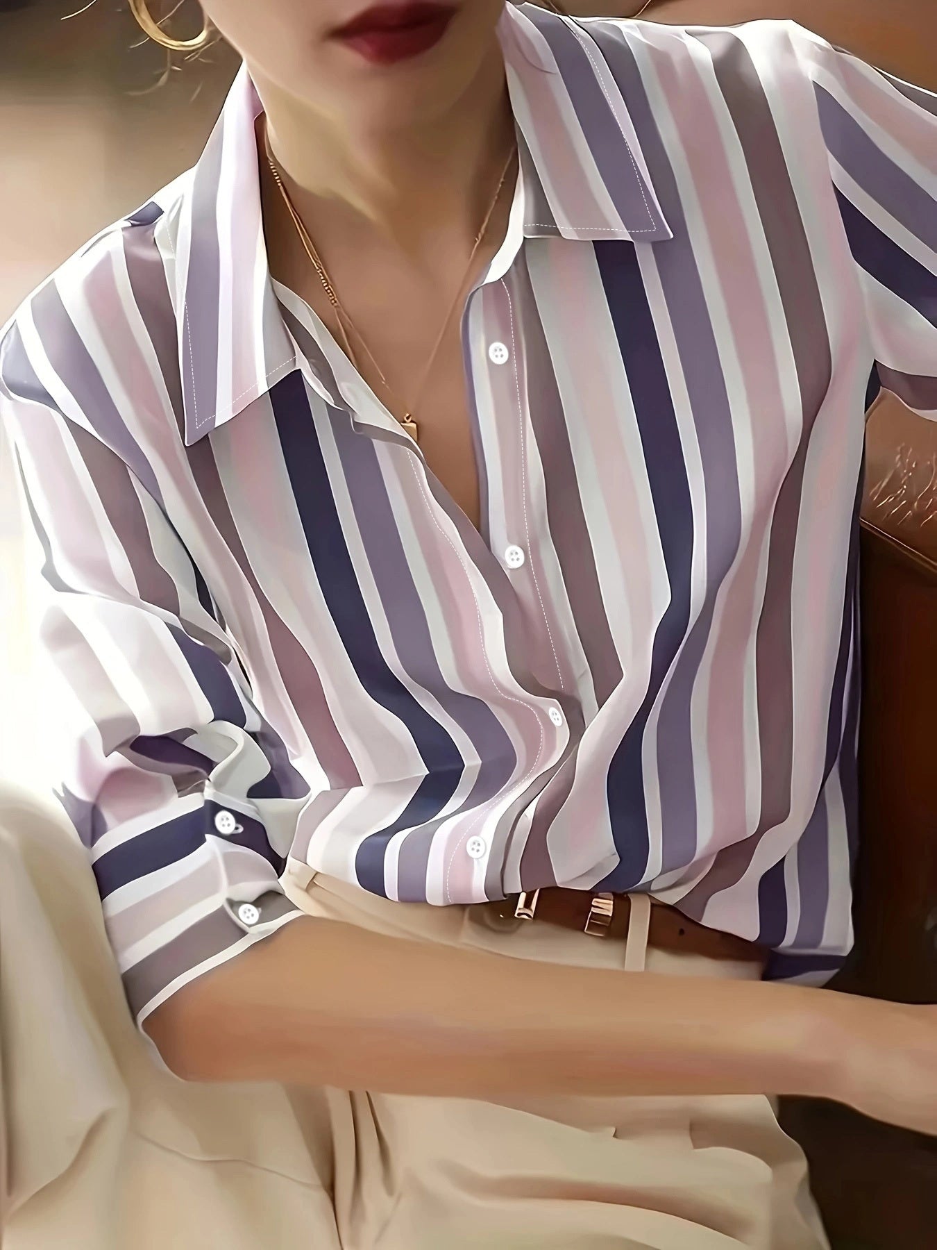 Camisa Informal Versátil Estampada a Rayas de Manga Larga para Mujer