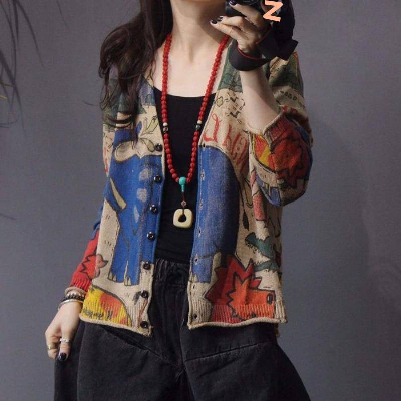 Cardigan tricoté à imprimé printanier pour femmes, style rétro national