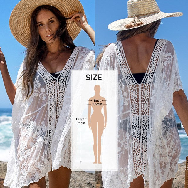 Bikini de Encaje Blanco Calado Sexy Escote en V Chifón Holgado