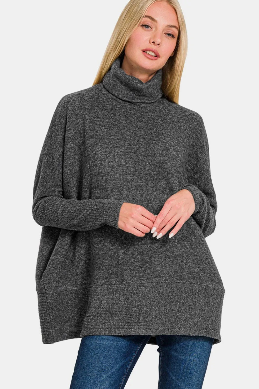 Suéter de cuello alto Zenana de tejido melange cepillado, talla completa