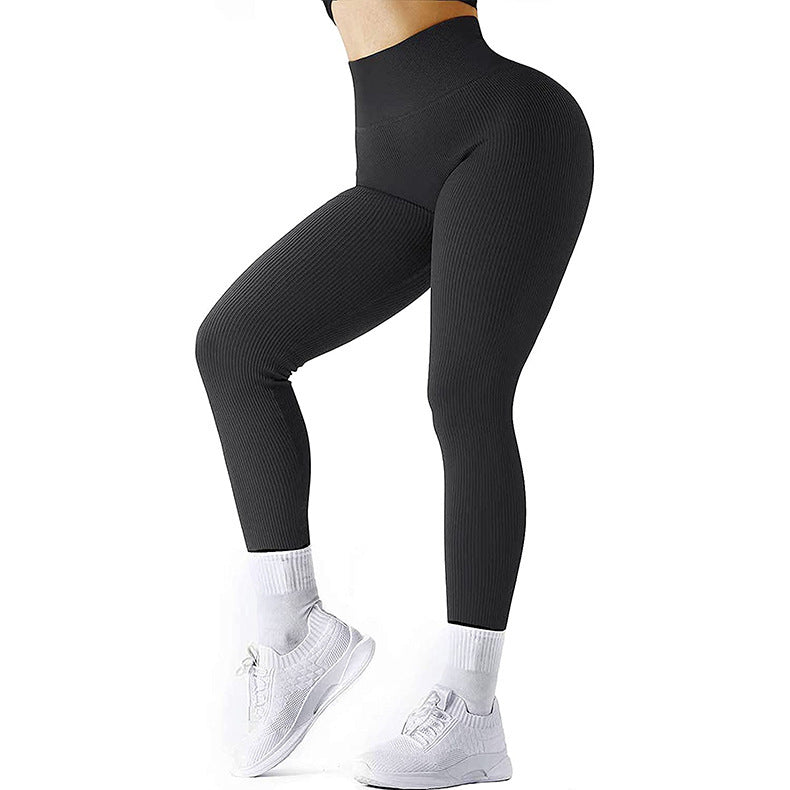 Mallas sin costuras de talle alto con punto acanalado para mujer, pantalones de fitness sólidos, ceñidos, deportivos, de yoga, elásticos, para correr