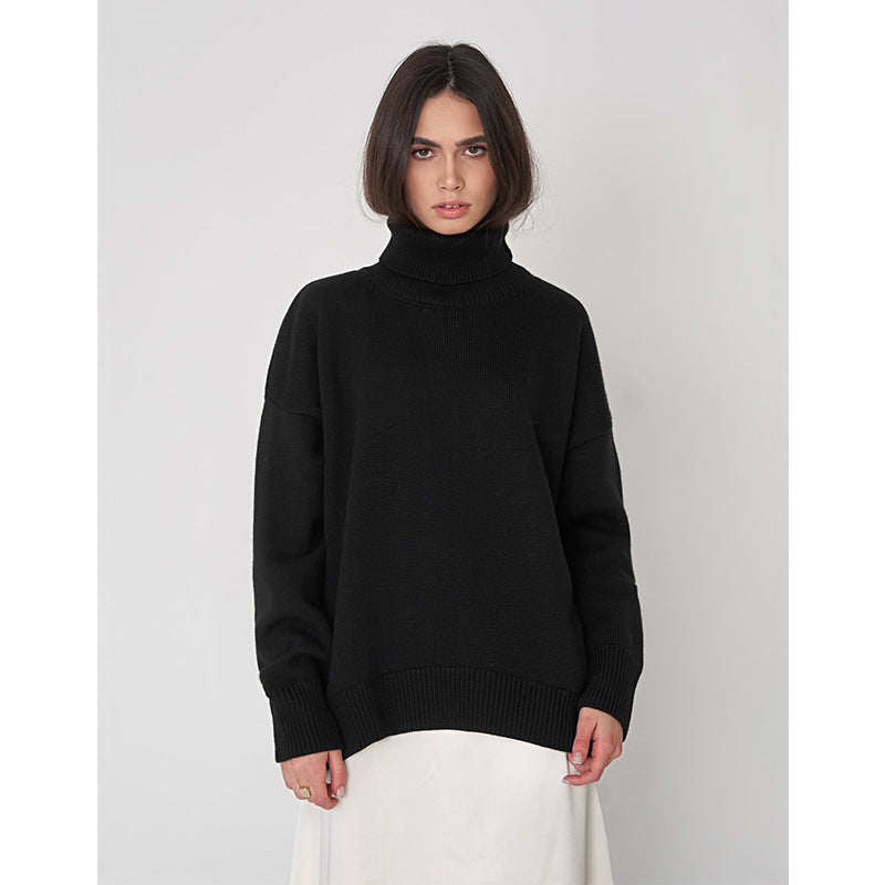 Jersey de mujer de cuello alto, holgado y cómodo, de color liso