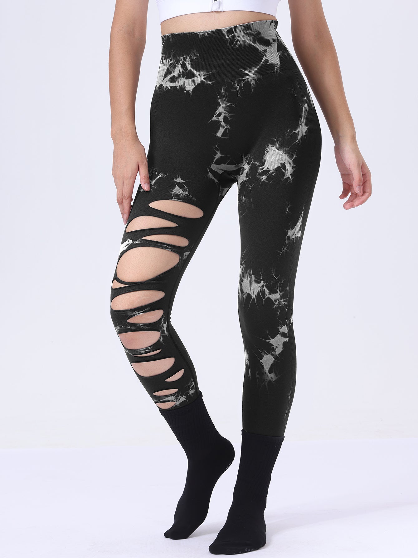 Pantalones de yoga para gimnasio con levantamiento de glúteos, leggings deportivos con control de abdomen y diseño hueco, pantalones de correr con estampado Tie-Dye