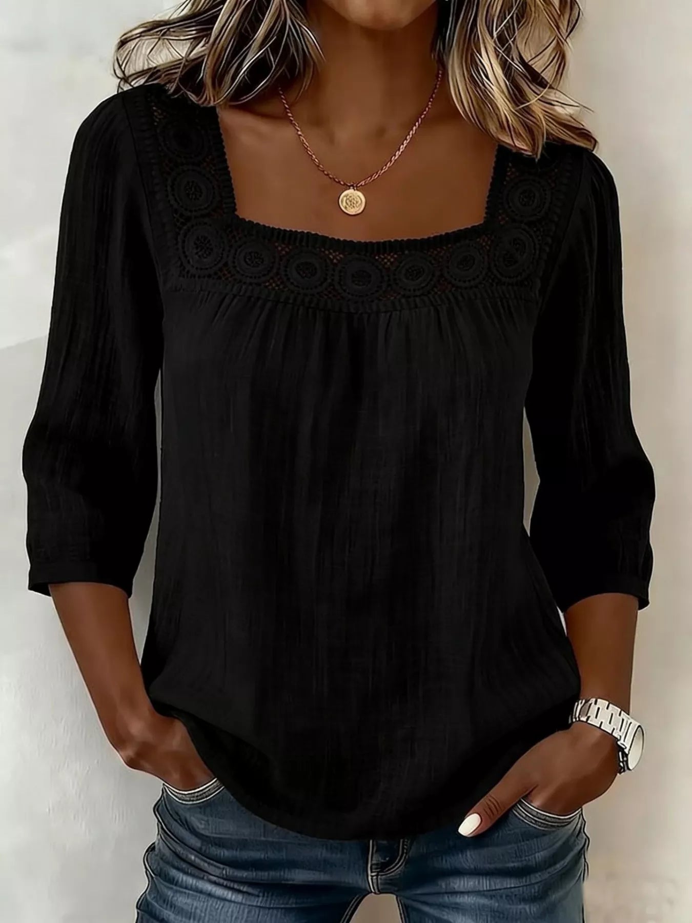 Shop Crochet Trim Square Neck Blouse - Women's Fashion | Akatonbo
