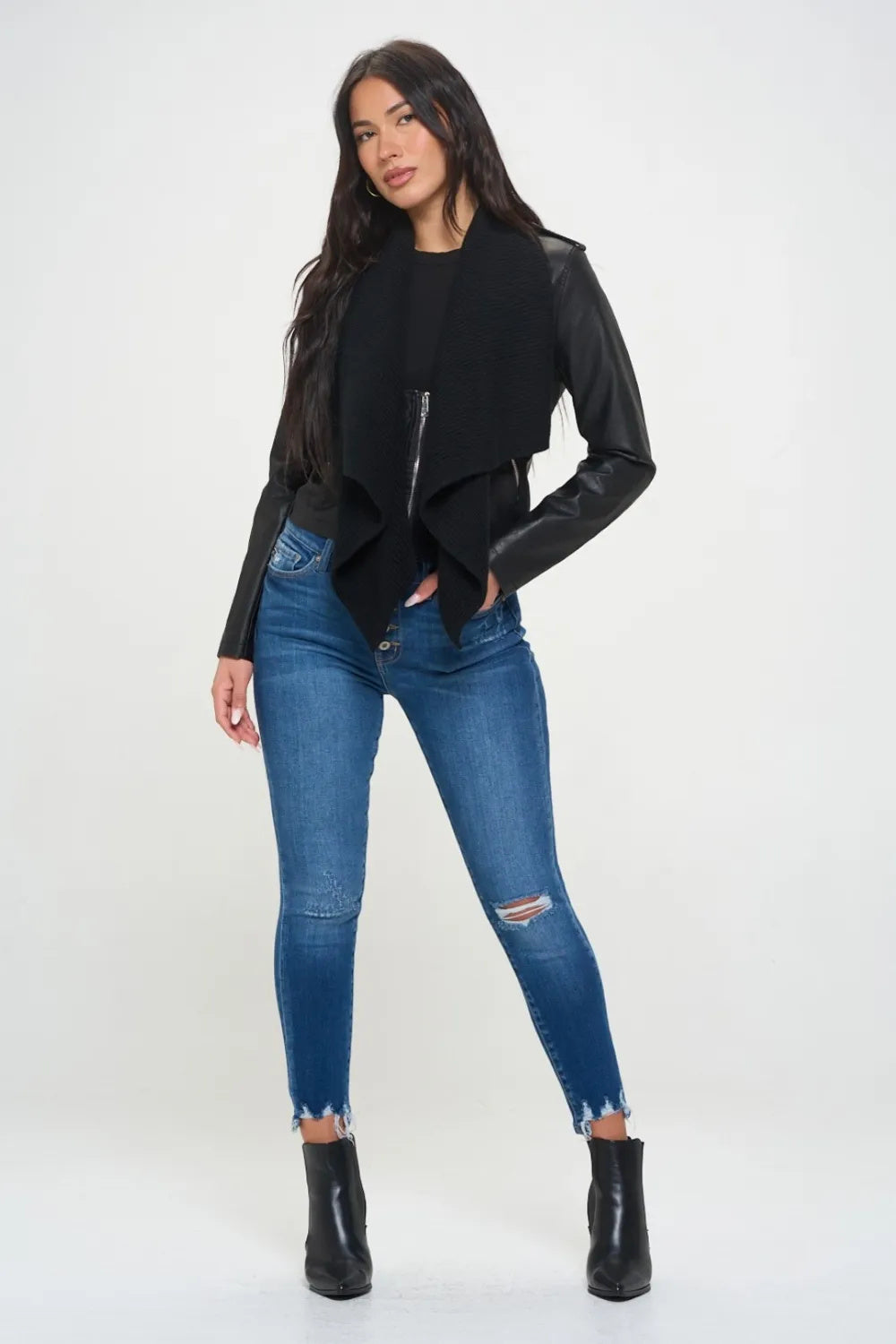 Veste Courte en Similicuir avec Col Tricoté Coalition La Knit