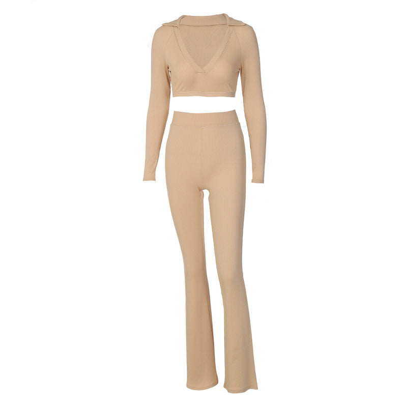 Akatonbo Solid Color V-Neck Long-Sleeve Top Micro-Flare Pants Two-Piece Set