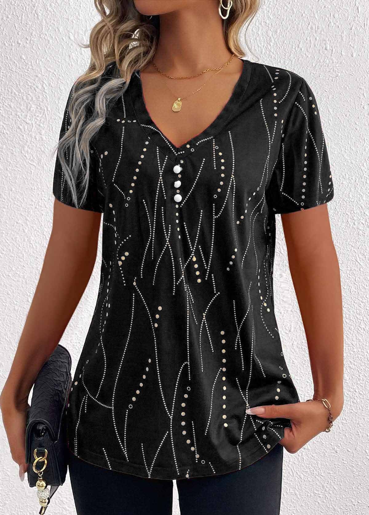 Akatonbo New V-Neck Printed Button T-Shirt Summer Fashion Leisure Short-Sleeved Top Womens Clothing
