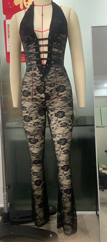 Akatonbo Lash Rope Lace Up Slim Fit Jumpsuit See-Through