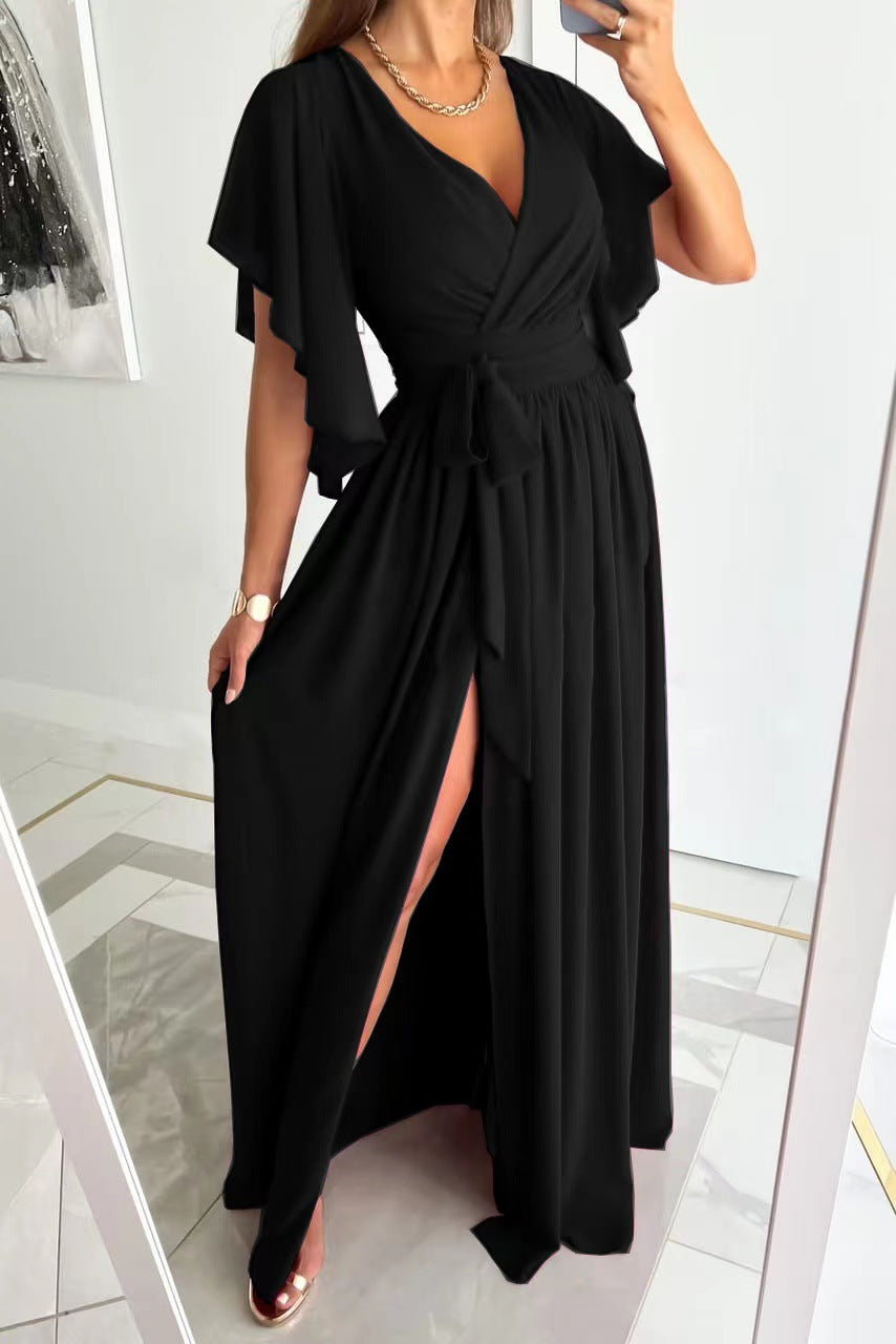 Akatonbo Solid Color Bell Sleeve Loose V-Neck Mop Dress