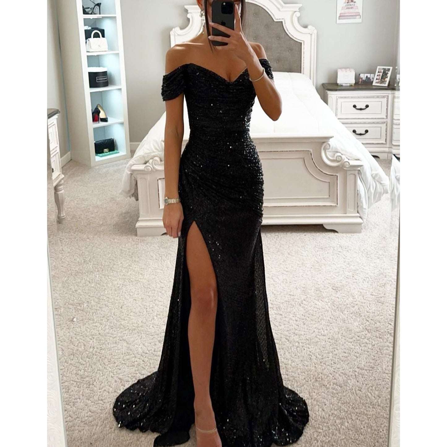 Vestido de fiesta de lentejuelas con cuello desbocado y abertura, vestido informal de moda para mujer