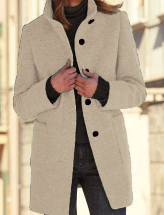 Abrigo de lana con cuello alto y bolsillos, estilo informal de otoño-invierno con botones, para mujer
