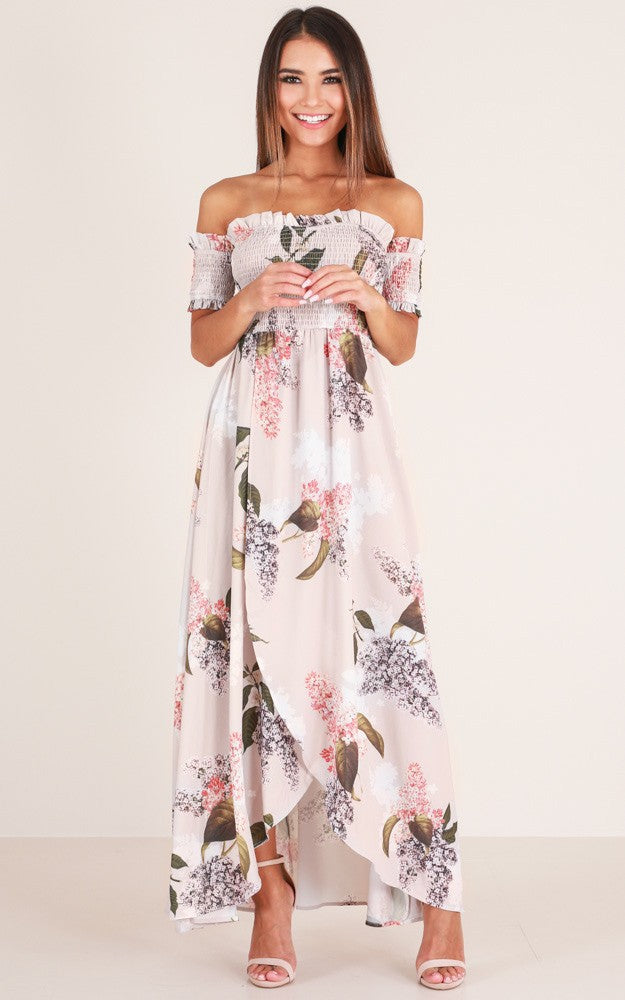 Akatonbo One-Line Collar Off-Shoulder High-Waist Short-Sleeved Dress