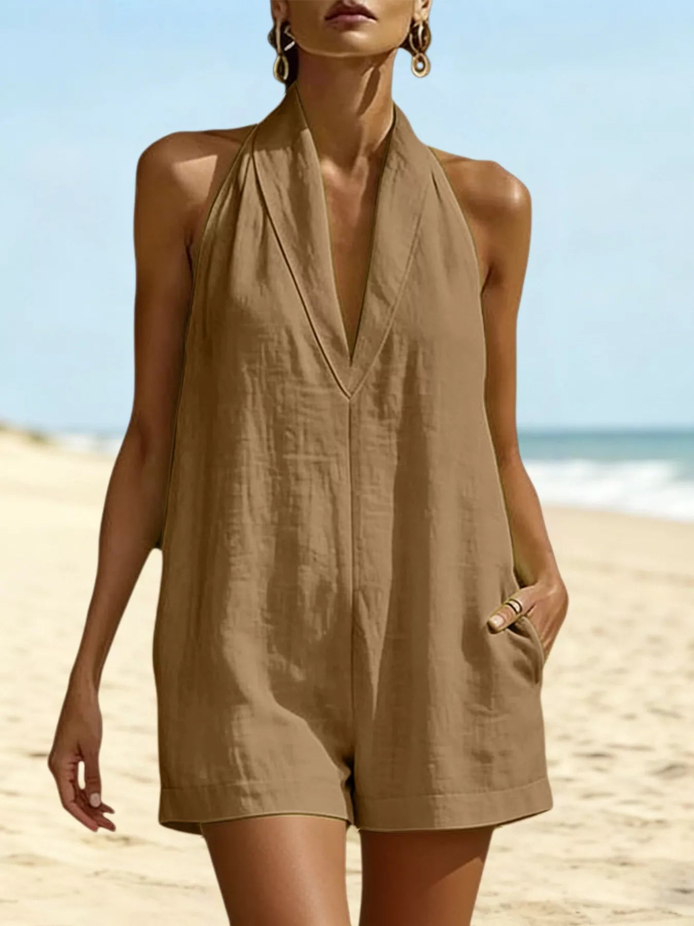 Shop Halter Neck Romper with Pockets - Women's Fashion | Akatonbo